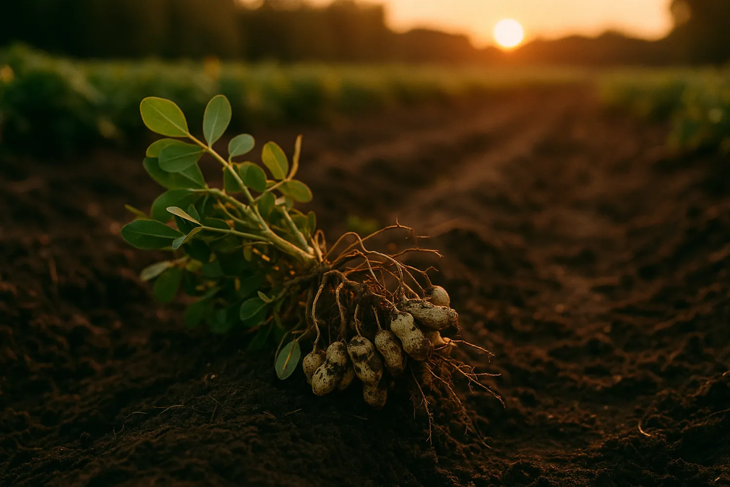 A freshly pulled peanut plant with green peanuts on its roots, lying in a Cape Fear field at golden hour