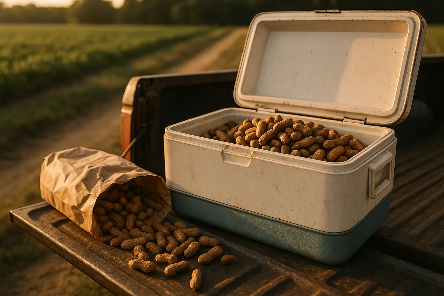 Boiled peanuts on a tailgate at golden hour on the Cape Fear coast